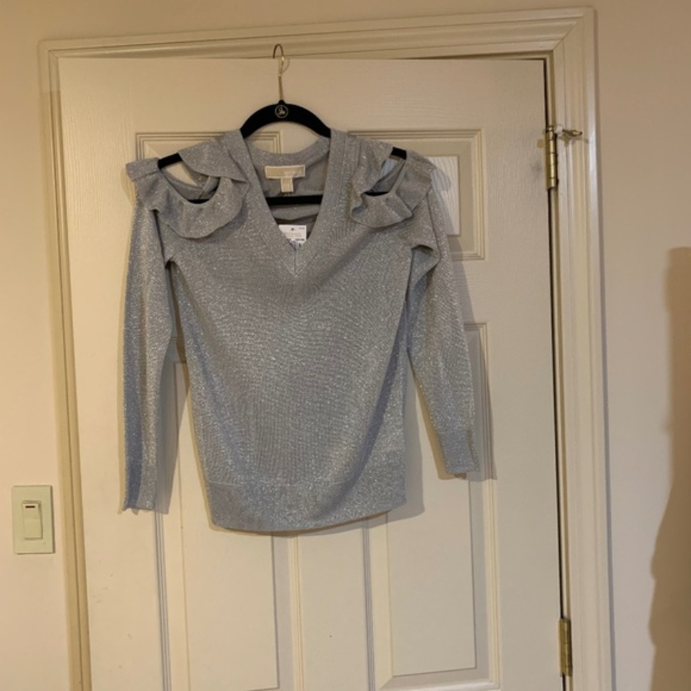 NWT Michael Kors Silver Metallic Cold Shoulder Sweater sz XXS
